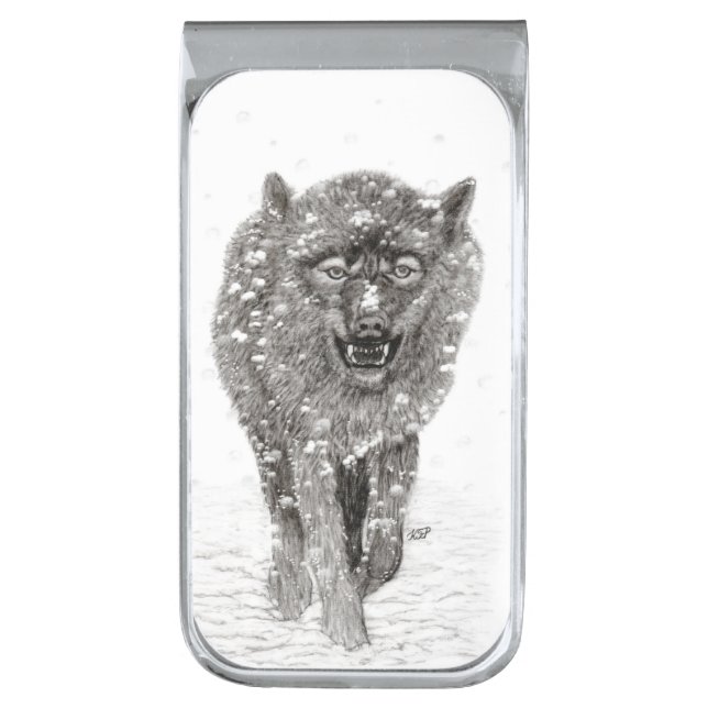 Angry Black Wolf in the Snow , wild Winter Silver Finish Money Clip (Front Vertical)