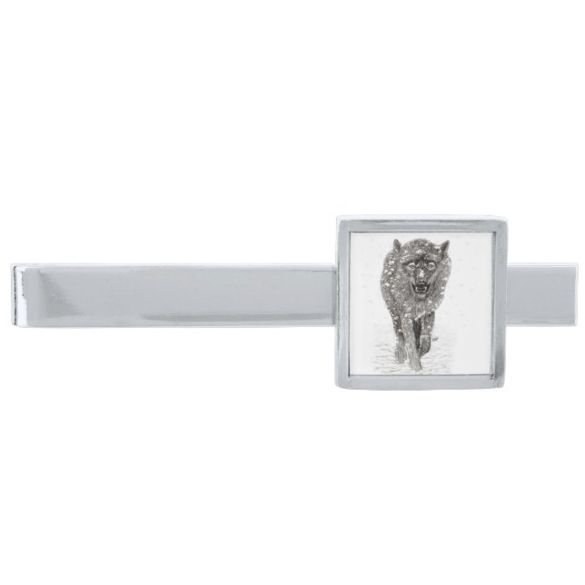 Angry Black Wolf in the Snow , wild Winter Silver Finish Tie Bar (Front)