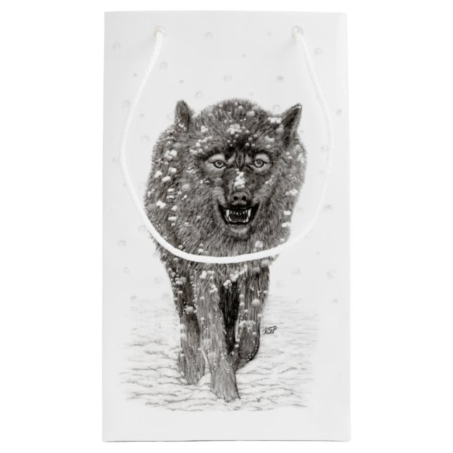 Angry Black Wolf in the Snow , wild Winter Small Gift Bag (Back)