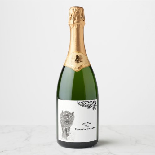 Angry Black Wolf in the Snow  wild Winter Sparkling Wine Label