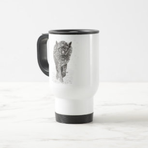 Angry Black Wolf in the Snow , wild Winter Travel Mug