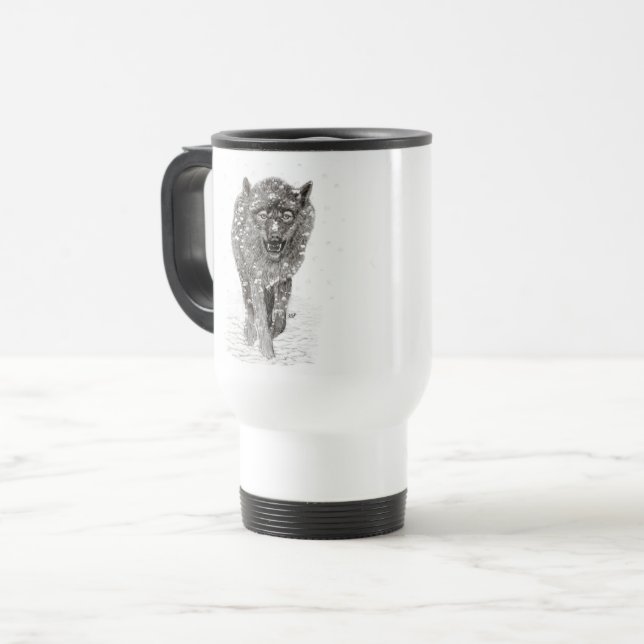 Angry Black Wolf in the Snow , wild Winter Travel Mug (Front Left)