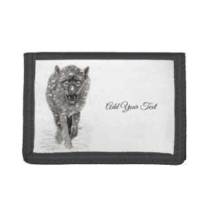 Angry Black Wolf in the Snow , wild Winter Tri-fold Wallet