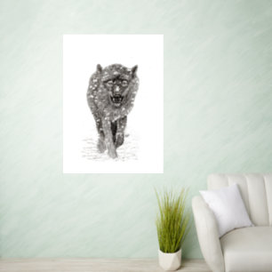 Angry Black Wolf in the Snow , wild Winter Wall Decal