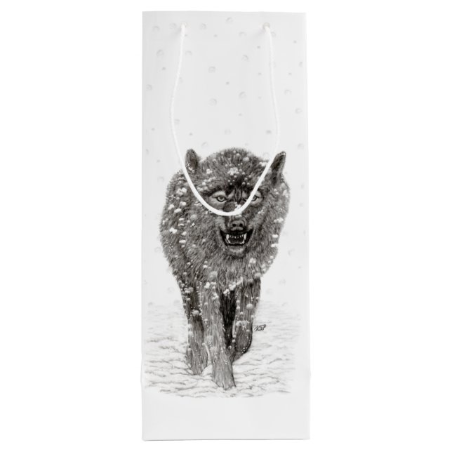 Angry Black Wolf in the Snow , wild Winter Wine Gift Bag (Back)