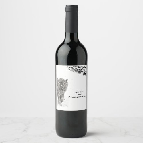Angry Black Wolf in the Snow  wild Winter Wine Label