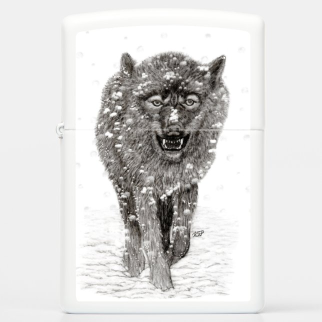 Angry Black Wolf in the Snow , wild Winter Zippo Lighter (Front)