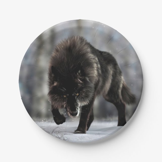 Angry black wolf paper plates (Front)