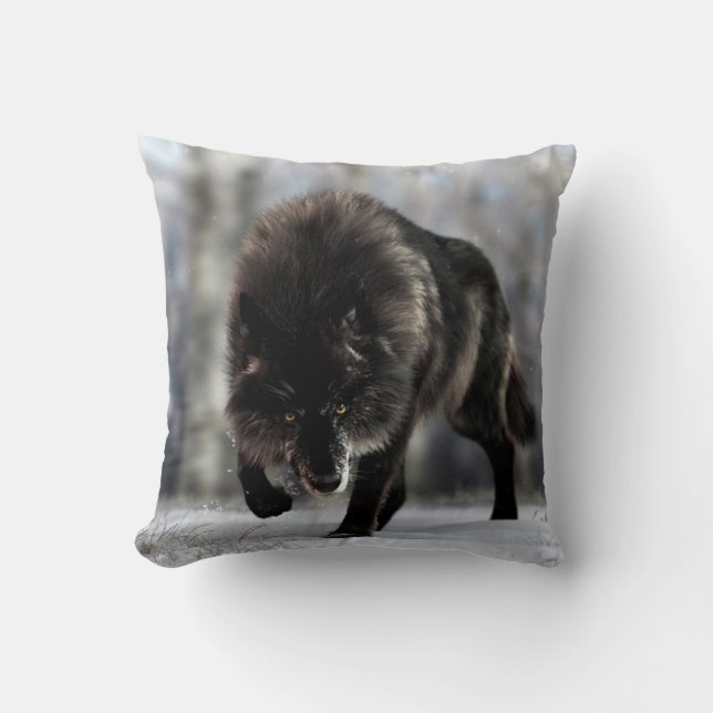 Angry black wolf throw pillow (Front)