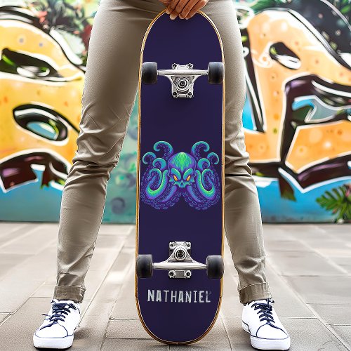 Angry Blue Kraken Octopus Personalized Name Skateboard