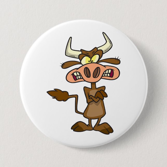 Angry Cartoon Bull Funny Grumpy Button (Front)