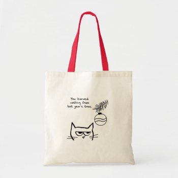 Angry Cat And The Christmas Tree Tote Bag by FunkyChicDesigns at Zazzle