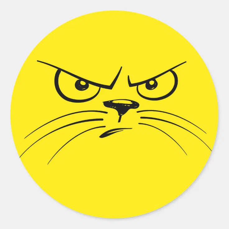 Angry Cat Cartoon Face, Yellow Classic Round Sticker | Zazzle