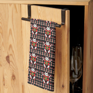 Angry Cat in a Christmas Pattern Cool Christmas Kitchen Towel