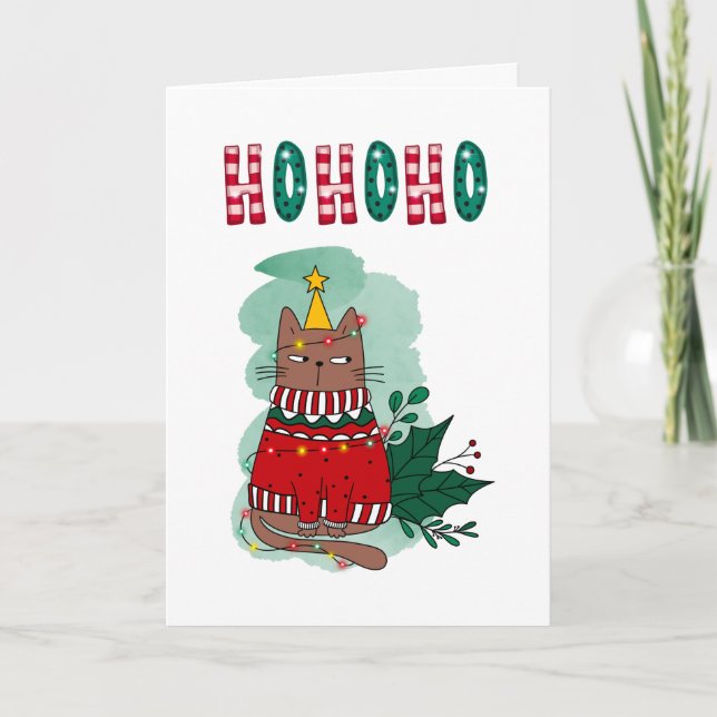 Angry Cat In Funny Ugly Christmas Sweater Xmas Cat Holiday Card (Front)