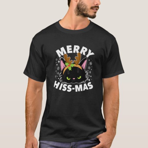 Angry Cat Merry Hiss Mas Reindeer Antlers Holly Ch T_Shirt