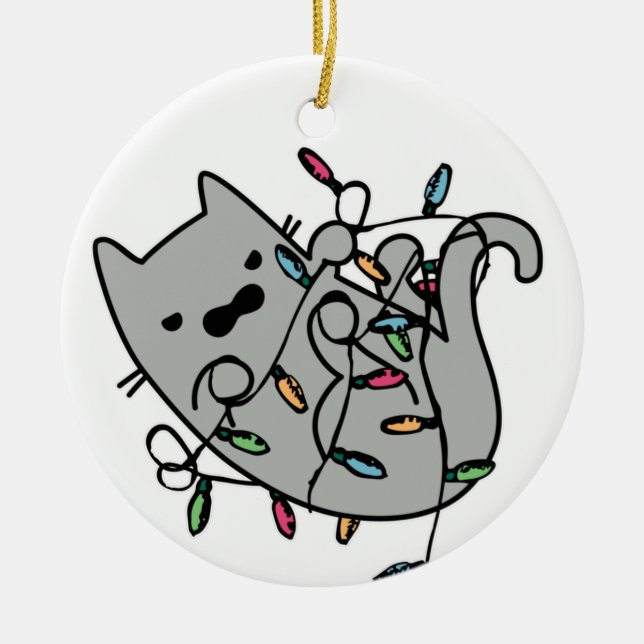 Angry Cat Tangled in Christmas Lights Cartoon Ceramic Ornament (Front)