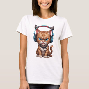 angry cat with headphones cute funny angry cat T-Shirt