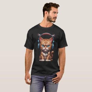 angry cat with headphones cute funny angry cat T-Shirt