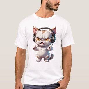 angry cat with headphones cute funny angry cat T-Shirt