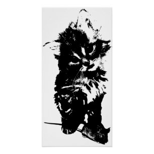 Angry Cat with Mouse Art Print Minimalist Black