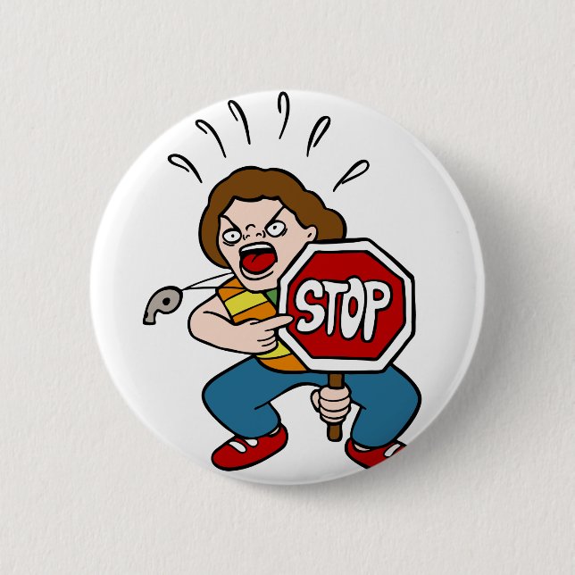 Angry Crossing Guard Cartoon Character Pinback Button (Front)