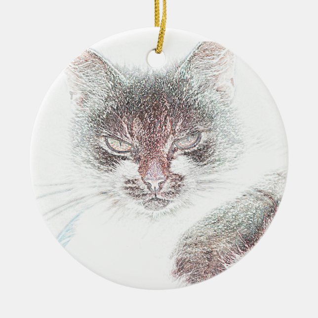 Angry Cute Cate Face Sketch Ceramic Ornament (Front)