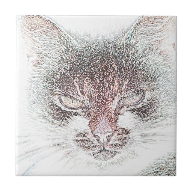 Angry Cute Cate Face Sketch Ceramic Tile (Front)