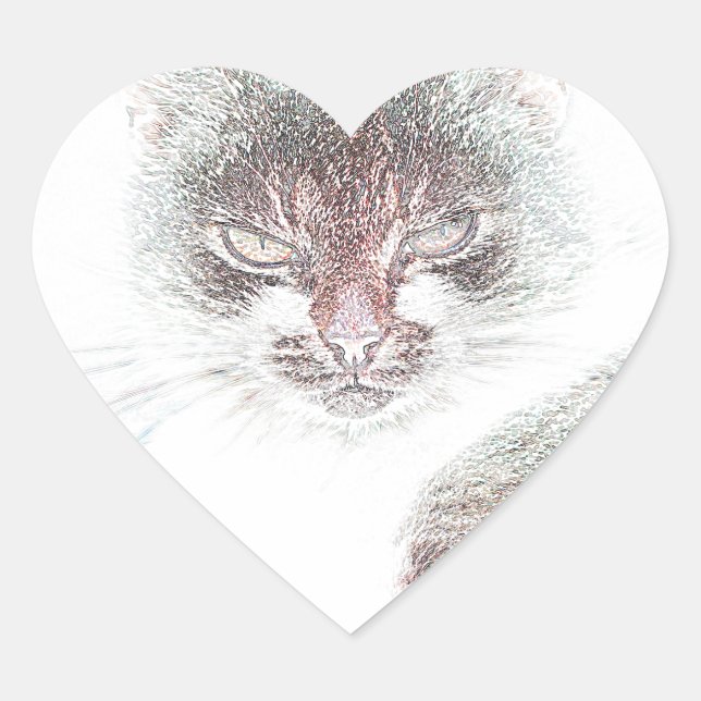 Angry Cute Cate Face Sketch Heart Sticker (Front)