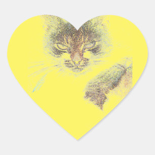 Angry Cute Cate Face Sketch Heart Sticker