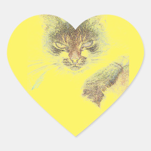 Angry Cute Cate Face Sketch Heart Sticker (Front)