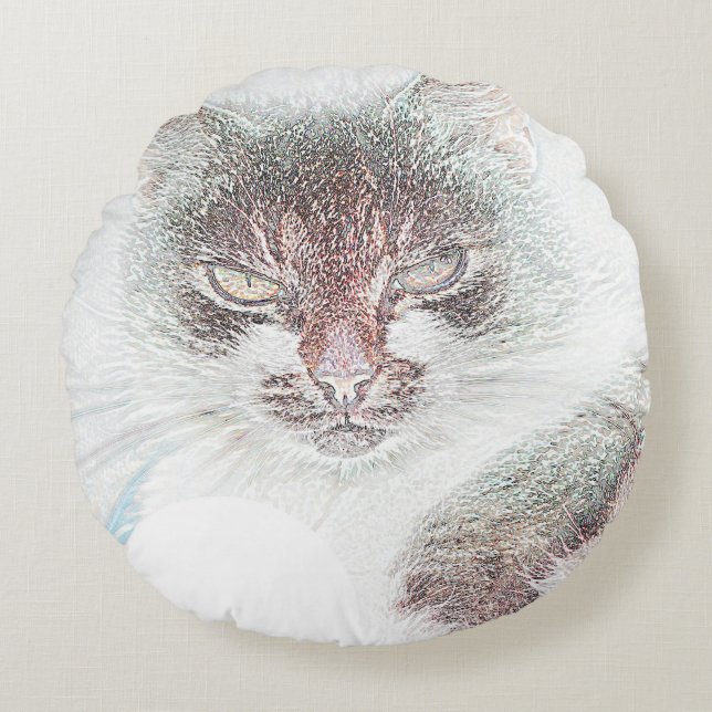 Angry Cute Cate Face Sketch Round Pillow (Front)