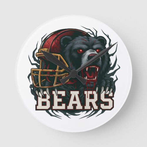 Angry Football Bear Mascot Red Helmet Game Day  Round Clock