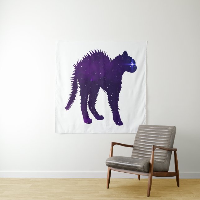 Angry galaxy cat graphic design throw pillow tapestry (In Situ)