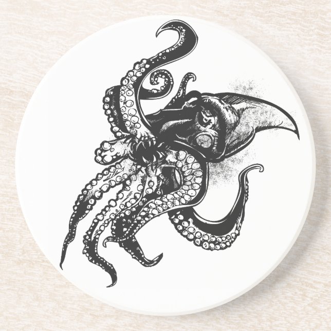 Angry Giant Squid in Black Drink Coaster (Front)