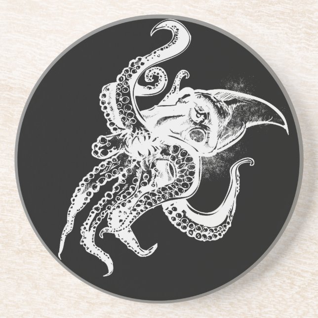 Angry Giant Squid in White Pick Your Background Sandstone Coaster (Front)