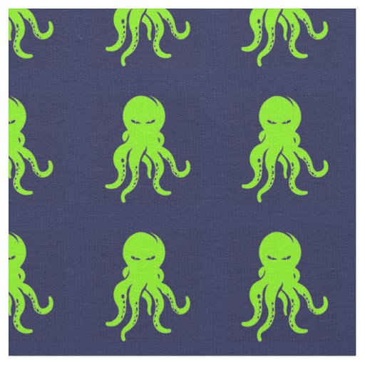 Angry green octopus on blue fabric
