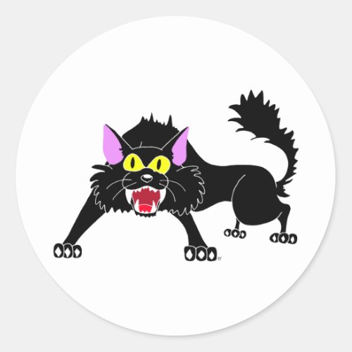 Angry Hissing Black Cat Cartoon Classic Round Sticker