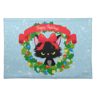 Angry Kitty Happy Holidays Wreath Cloth Placemat