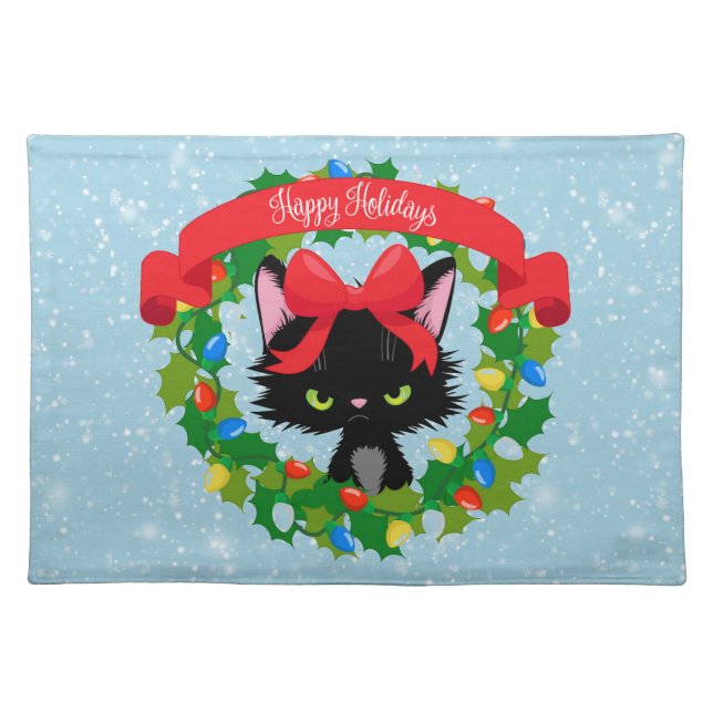 Angry Kitty Happy Holidays Wreath Cloth Placemat (Front)