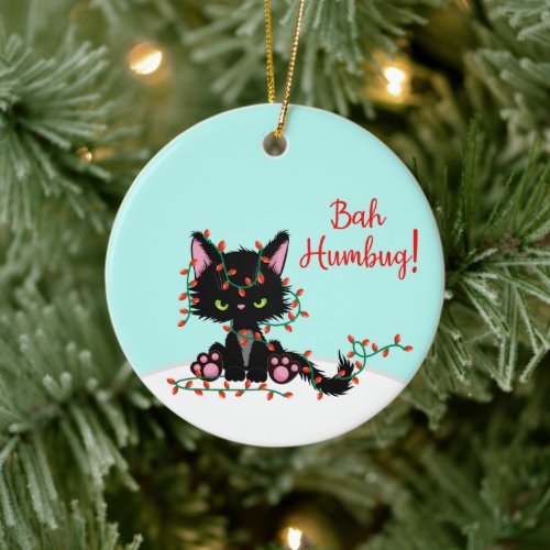 Angry Kitty Tangled Up In Lights Ceramic Ornament