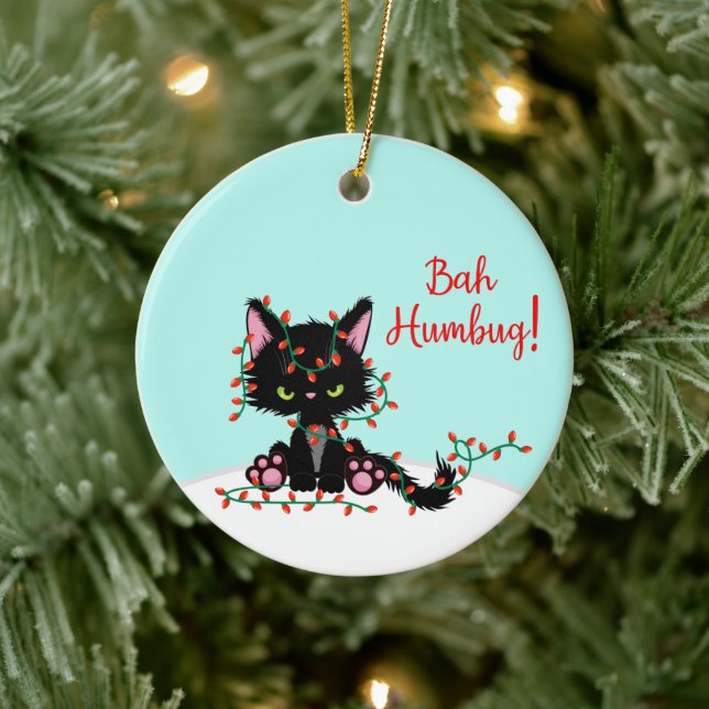 Angry Kitty Tangled Up In Lights Ceramic Ornament (Tree)
