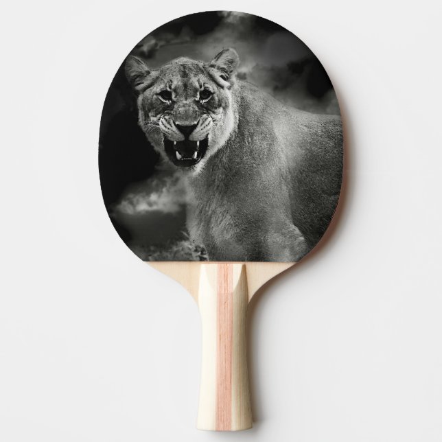 Angry lion in black and white Ping-Pong paddle (Front)