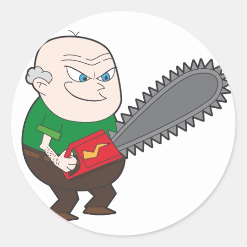 Angry man with chainsaw cartoon classic round sticker