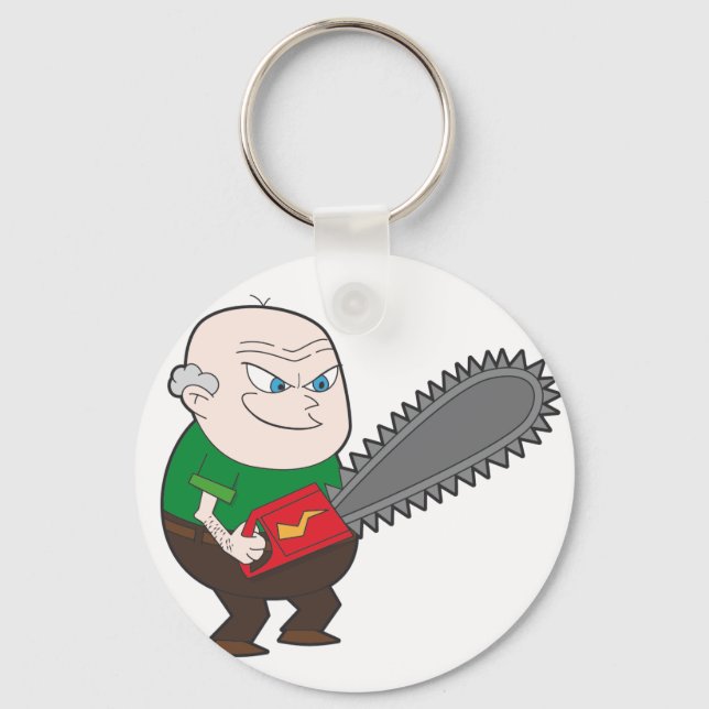 Angry man with chainsaw cartoon keychain (Front)