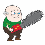 Angry man with chainsaw cartoon statuette<br><div class="desc">This is a cartoon illustration of an older bold man who's looking kinda angry at his chainsaw. Let's hope he's only planning on cutting down a tree and nothing more evil then that!</div>