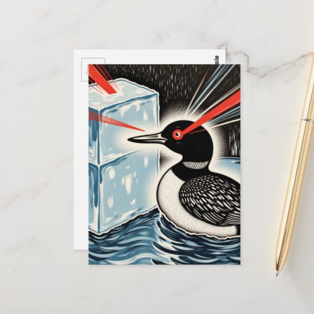Angry Minnesota Loon Melting Ice Cubes with Lazers Postcard (Front/Back In Situ)