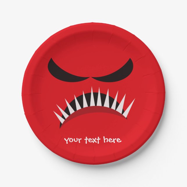 Angry Monster With Evil Eyes and Sharp Teeth Red Paper Plates (Front)