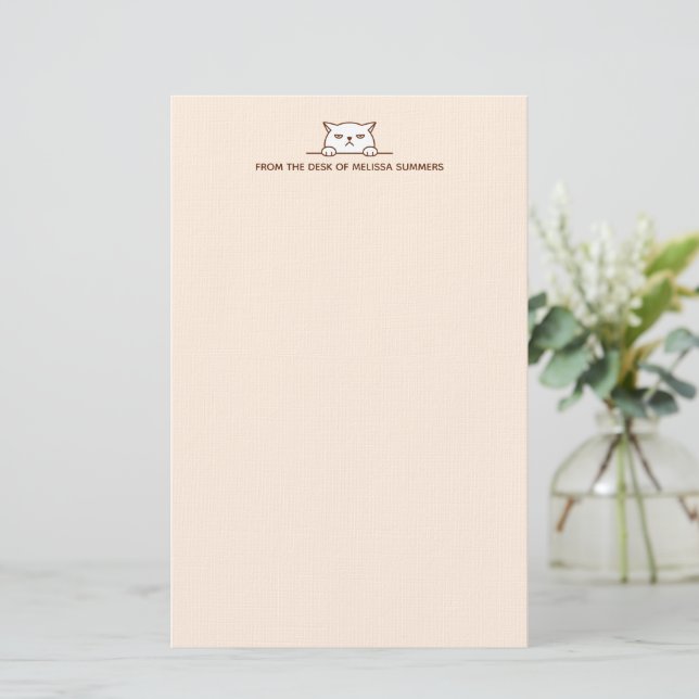Angry Moody White Cat above Custom Text Beige Stationery (Standing Front)