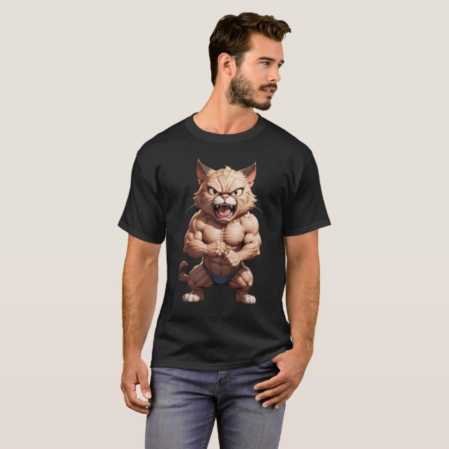 Angry muscular cat cute funny angry cat T-Shirt (Front Full)